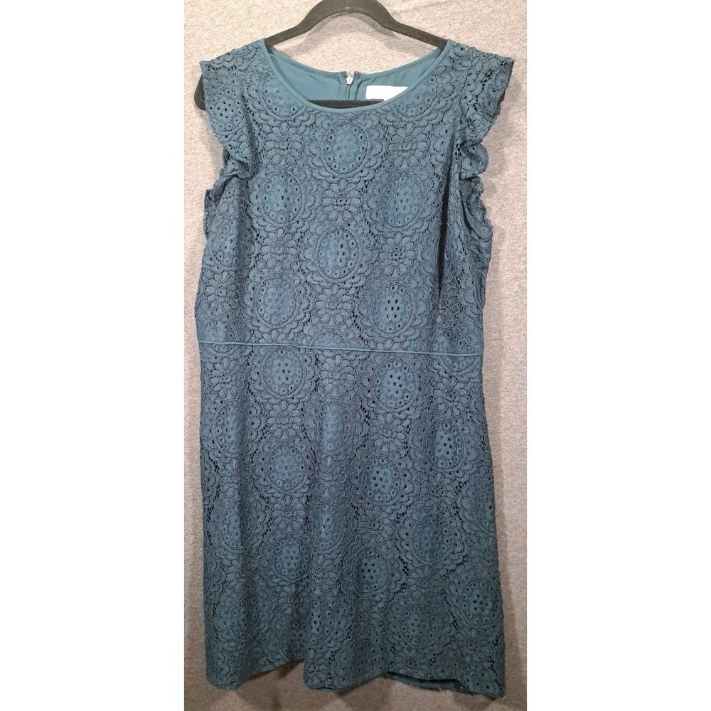 LOFT Womens Floral Lace Fit and Flare Dress Teal Green Flutter Sleeve Size 14